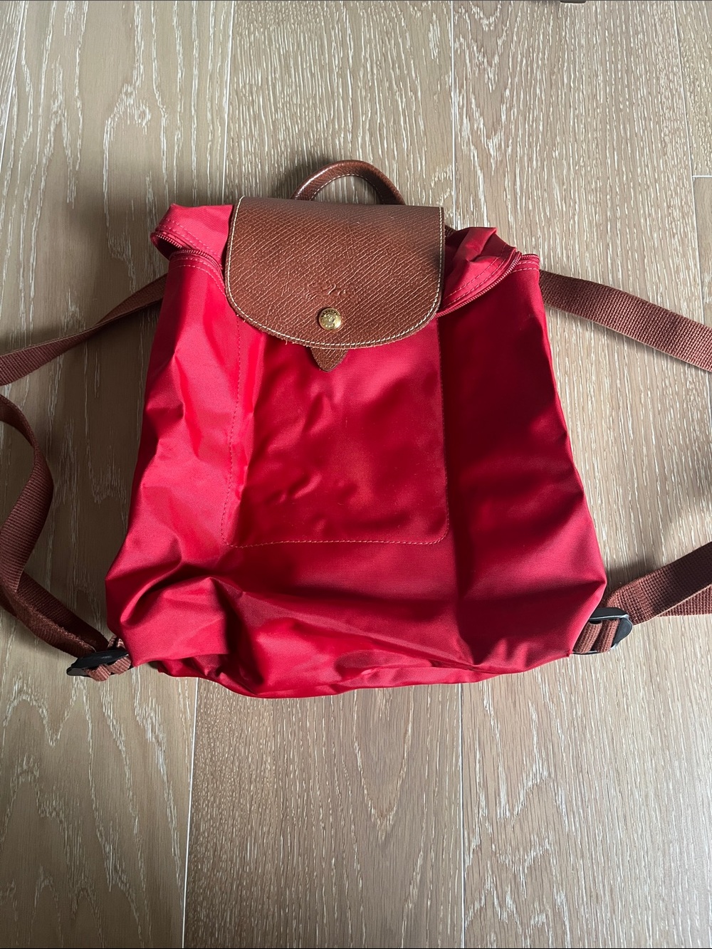 Longchamp Red Nylon Backpack (mini) with Brown Leather flap